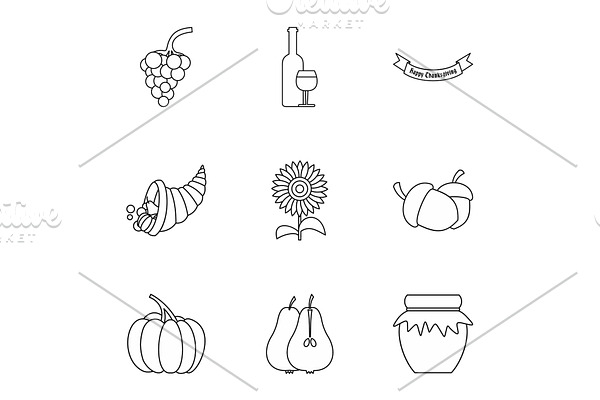 Autumn festival icons set, outline