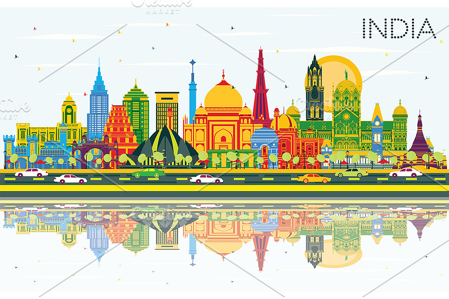 India City Skyline with Color  in Illustrations - product preview 8