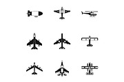 Army planes icons set, simple style
