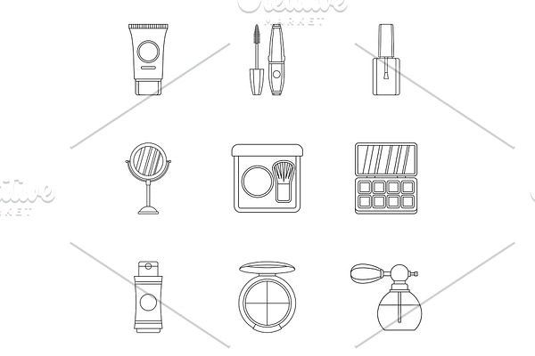 Cosmetic products icons set, outline