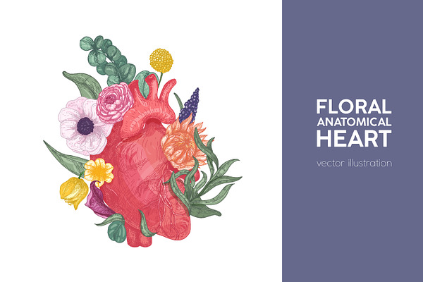 Floral anatomical heart set