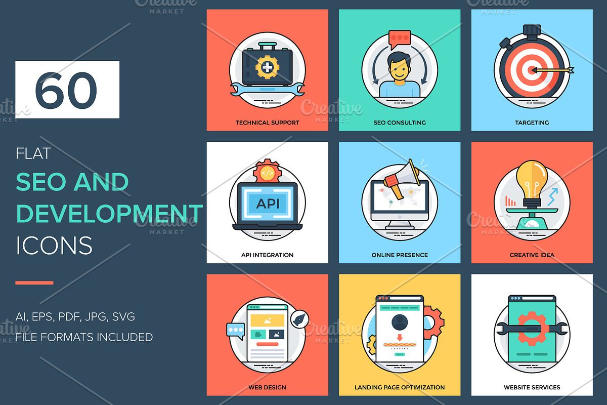 60 Flat SEO and Development Icons  in Icons - product preview 8