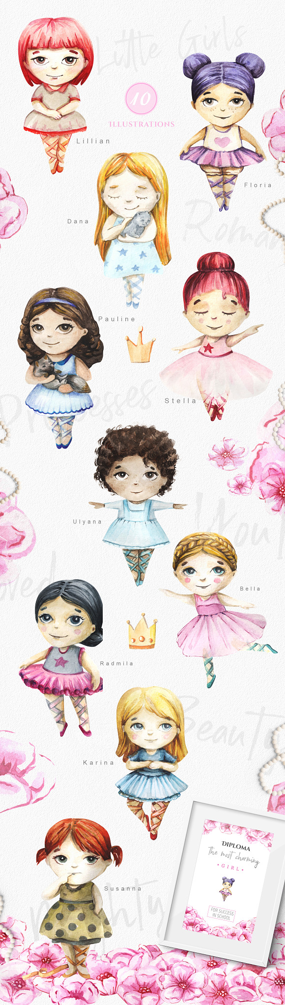 Little girls and pink flowers in Illustrations - product preview 2