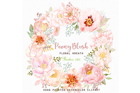 Peony Blush Floral Watercolor Wreath in Illustrations - product preview 2