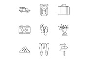 Travel to sea icons set, outline