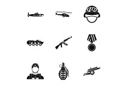 Weapons icons set, simple style