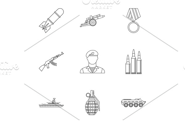 Equipment for war icons set, outline