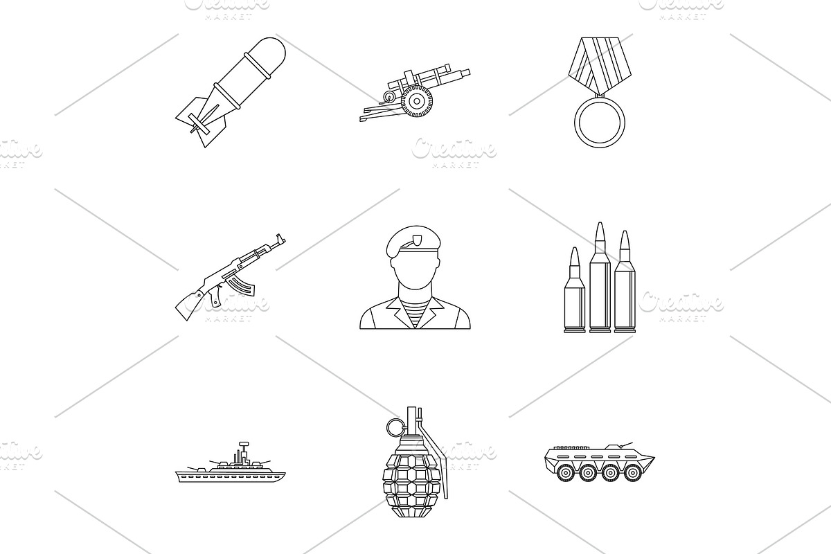 Equipment for war icons set, outline in Objects - product preview 8