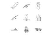 Equipment for war icons set, outline
