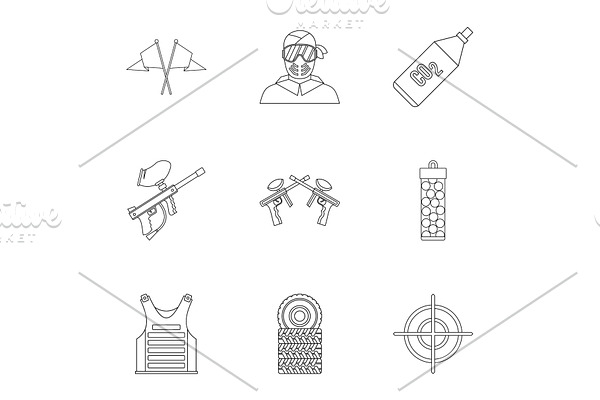 Paintball club icons set, outline