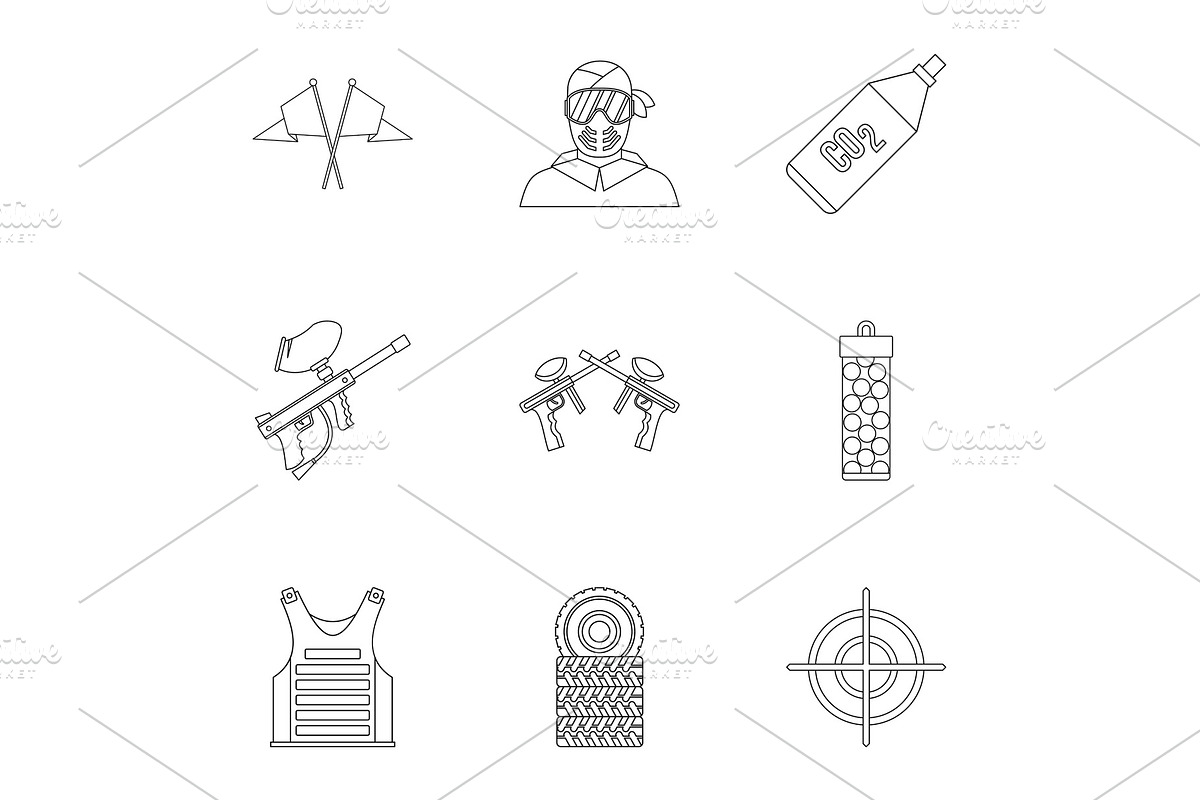 Paintball club icons set, outline in Objects - product preview 8