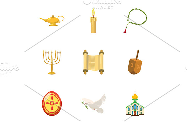 Religious faith icons set, cartoon