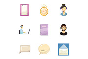 Customer support icons set, cartoon