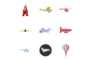 Flying device icons set, cartoon