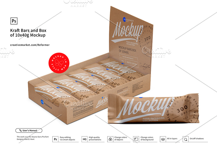 Kraft Bars and Box of 10x40g Mockup in Product Mockups - product preview 8