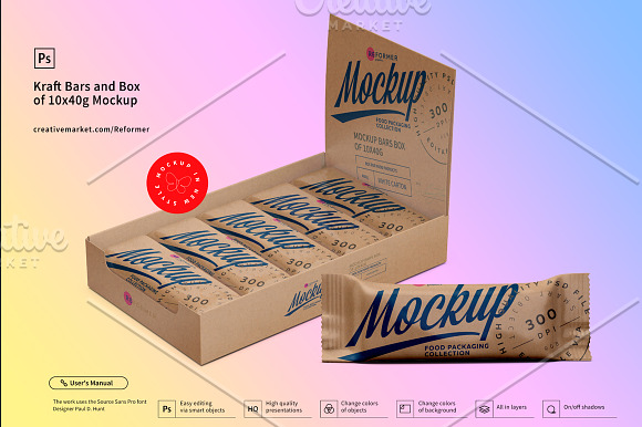 Kraft Bars and Box of 10x40g Mockup in Product Mockups - product preview 4
