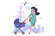 Woman walking with a baby carriage.