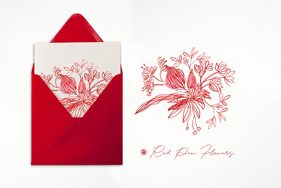 Red Pen Flowers in Illustrations - product preview 3