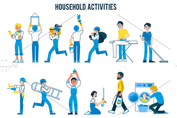 Set of household activities, in flat