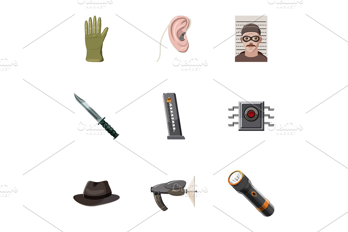 Detective icons set, cartoon style in Objects - product preview 8
