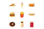 Calorie food icons set, cartoon