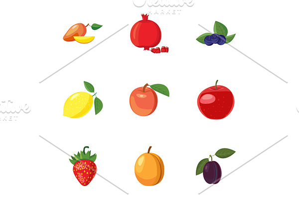 Fruit icons set, cartoon style