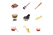 Musical device icons set, cartoon