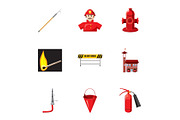 Firefighter icons set, cartoon style
