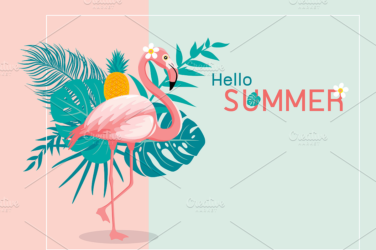 Flamingo and tropical leaves in Illustrations - product preview 8