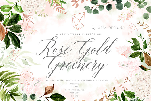 Rose Gold & Greenery Geometric Set in Illustrations - product preview 7