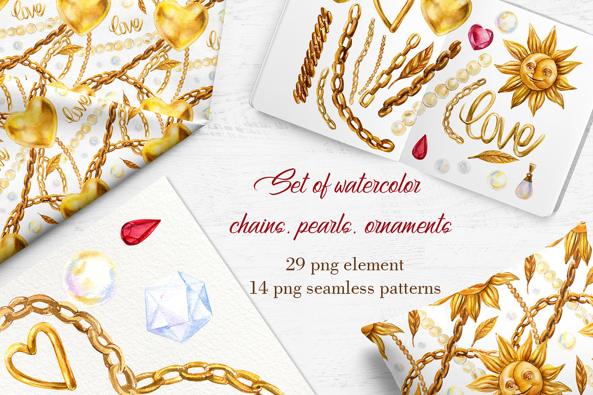 Watercolor  chains, pearls, ornament in Illustrations - product preview 8