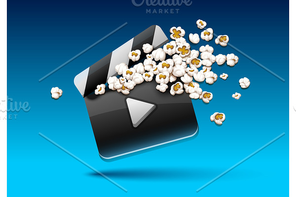 Cinema clapper with popcorn film.