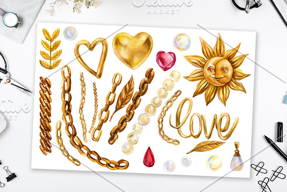 Watercolor  chains, pearls, ornament in Illustrations - product preview 6
