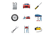 Car repairs icons set, cartoon style