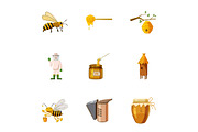 Beekeeping icons set, cartoon style