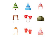 Winter outfits icons set, cartoon