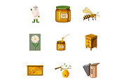 Honey production icons set, cartoon