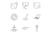 Computer icons set, outline style