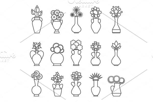 Vases with flowers line icons