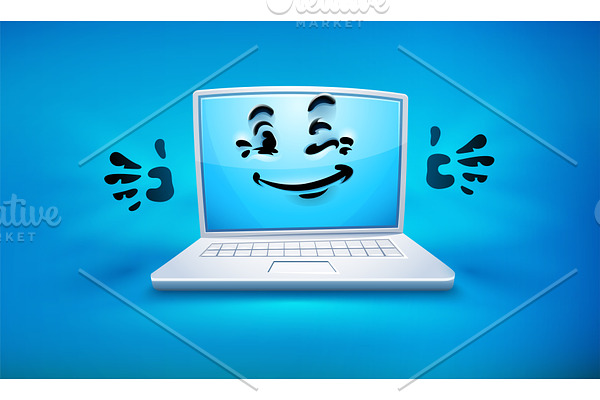 Cartoon laptop icon with smiley.