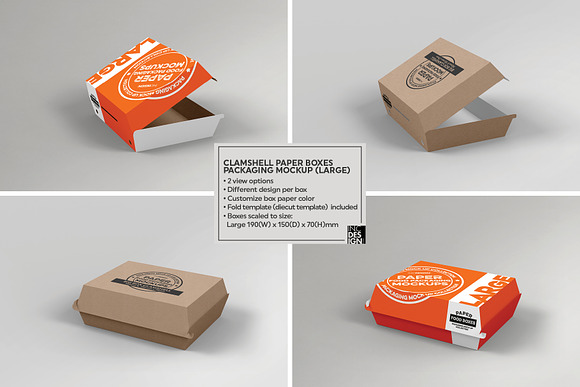 Paper Clamshell Takeout Boxes Mockup in Branding Mockups - product preview 5