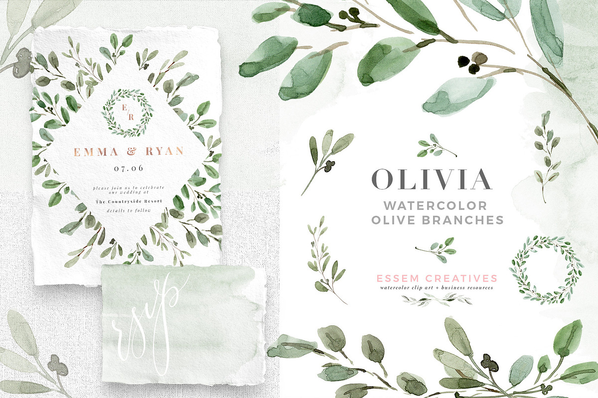 Watercolor Olive Branch Leaves in Illustrations - product preview 8