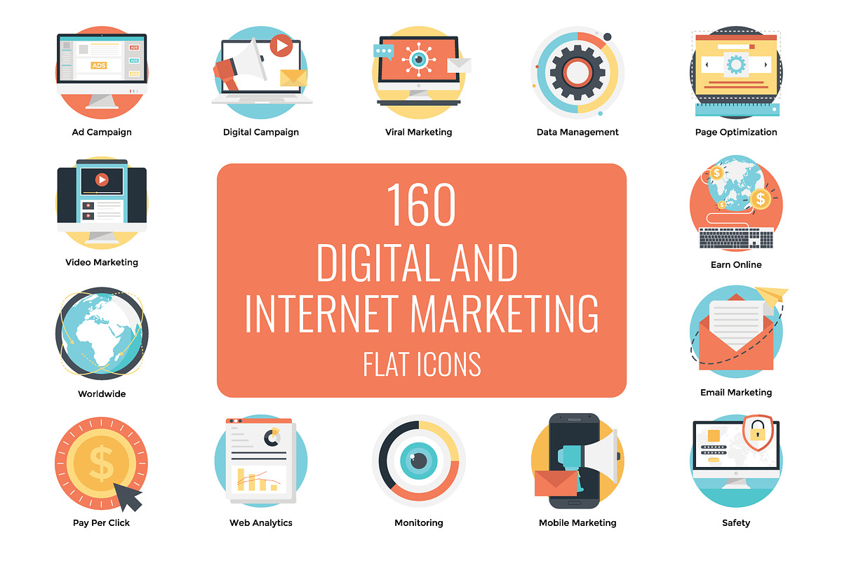 160 Flat Digital Marketing Icons in Marketing Icons - product preview 8