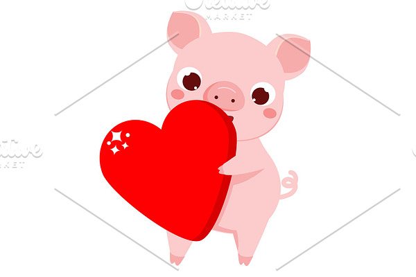 Cute cartoon pig with heart
