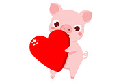 Cartoon cute pig with big heart