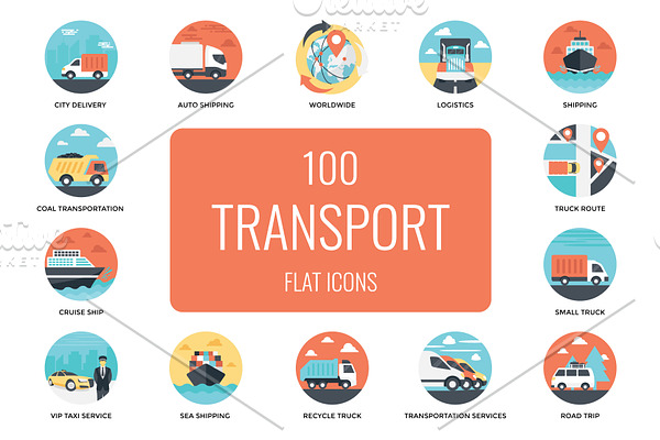100 Flat Transportation Vector Icons
