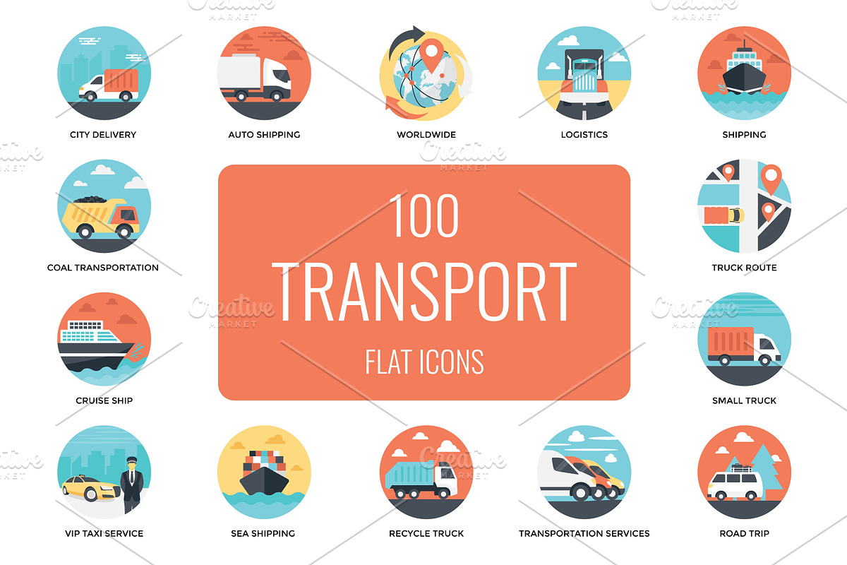 100 Flat Transportation Vector Icons in Car Icons - product preview 8