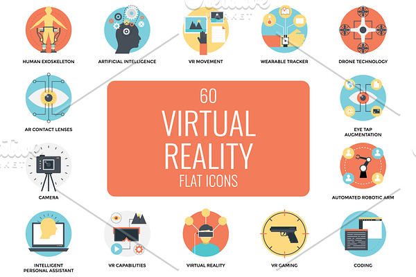 60 Flat Virtual Reality Icons Set