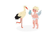 Cute Cupid Giving Baby to Stork