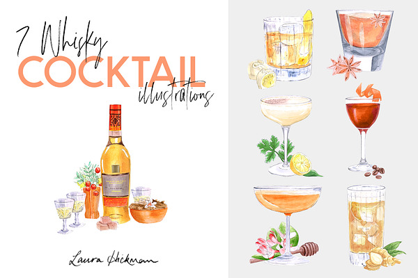 7 WHISKY COCKTAIL ILLUSTRATIONS